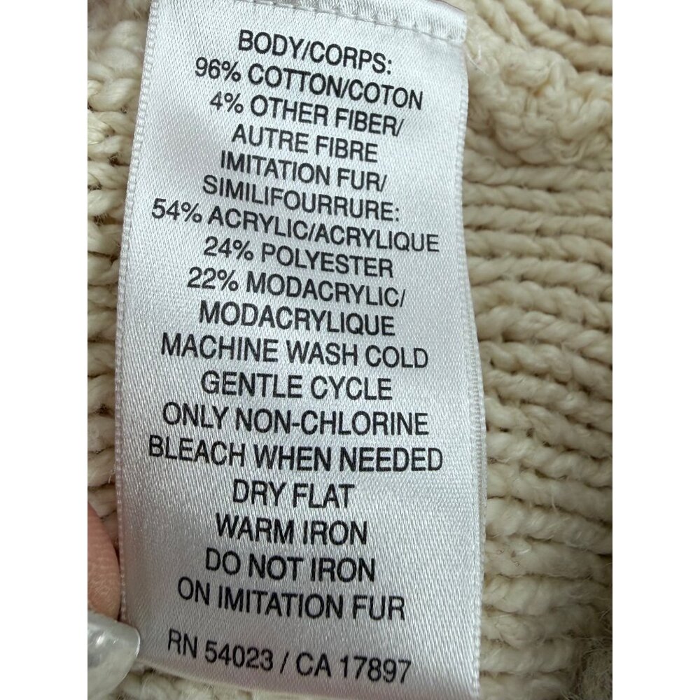 Vtg Y2K Old Navy Cream Cable Knit Faux Shearling Trim Hooded Boho Sweater Vest L - Picture 15 of 16